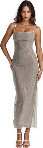 Women's Sequins Midi Dress Sexy Back Slit Spaghetti Strap Bodycon Long Dress Summer Sparkly Party Dresses in Saudi Arabia