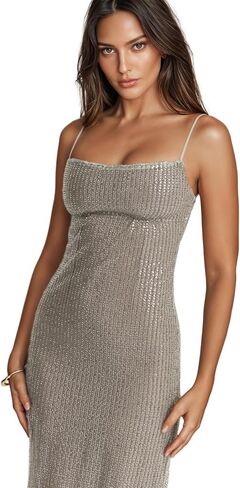 Women's Sequins Midi Dress Sexy Back Slit Spaghetti Strap Bodycon Long Dress Summer Sparkly Party Dresses in Saudi Arabia