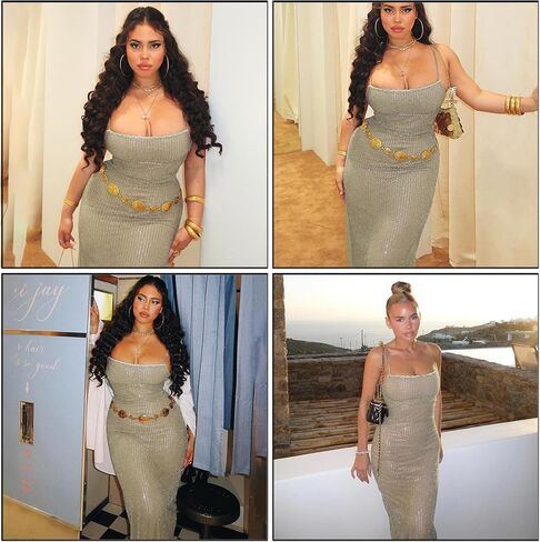 Women's Sequins Midi Dress Sexy Back Slit Spaghetti Strap Bodycon Long Dress Summer Sparkly Party Dresses in Saudi Arabia