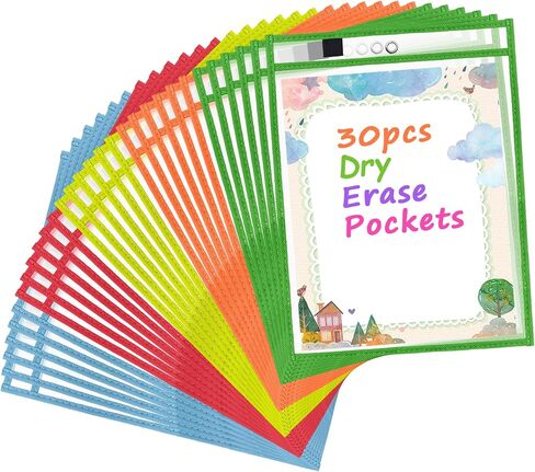 Antner 30 Packs Oversized Dry Erase Pockets Reusable Sleeves 10x13 Job Ticket Holders, Clear Plastic Dry Erase Pouches Heavy Duty Sheet Protectors for Teacher School Classroom Office Supplies, Black in Kuwait