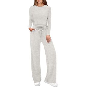 WIHOLL Lounge Sets for Women 2 Piece Vacation Outfits Long Sleeve Tops with Side Ruched Wide Leg Pants Matching Sets in Kuwait