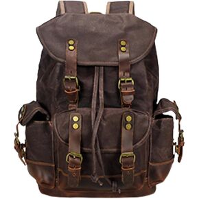 حقيبة ظهر جلدية من Huachen Vintage Canvas: حقيبة حديدية واسعة للرجال والنساء ، مثالية للسفر والحياة الجامعية - M86 Army Green Coffee in Kuwait