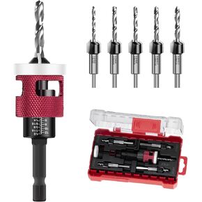 5Pcs Countersink Drill Bits Set with Low Friction Depth Stop, with 10Pcs Extra Replacement HSS Drill Bit, Adjustable Depth Stop for Wood, Plastic, Woodworking, 1/4" Quick Change Hex Shank in Kuwait