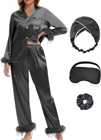 MORFORU Satin Pajama Set for Women Feather Trim Long Sleeve Pjs with Sleep Mask Headband Scrunchie Sleepwear Lounge Set in Saudi Arabia