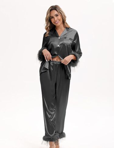 MORFORU Satin Pajama Set for Women Feather Trim Long Sleeve Pjs with Sleep Mask Headband Scrunchie Sleepwear Lounge Set in Saudi Arabia