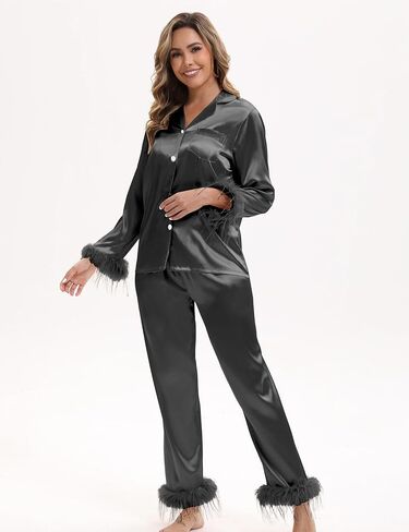 MORFORU Satin Pajama Set for Women Feather Trim Long Sleeve Pjs with Sleep Mask Headband Scrunchie Sleepwear Lounge Set in Saudi Arabia