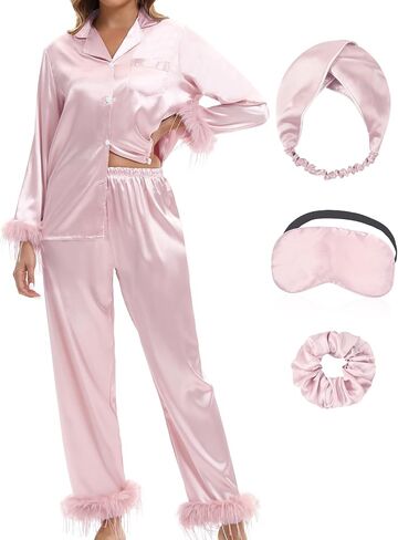 MORFORU Satin Pajama Set for Women Feather Trim Long Sleeve Pjs with Sleep Mask Headband Scrunchie Sleepwear Lounge Set in Saudi Arabia