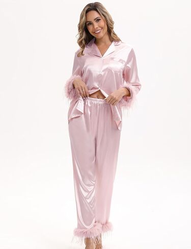MORFORU Satin Pajama Set for Women Feather Trim Long Sleeve Pjs with Sleep Mask Headband Scrunchie Sleepwear Lounge Set in Saudi Arabia