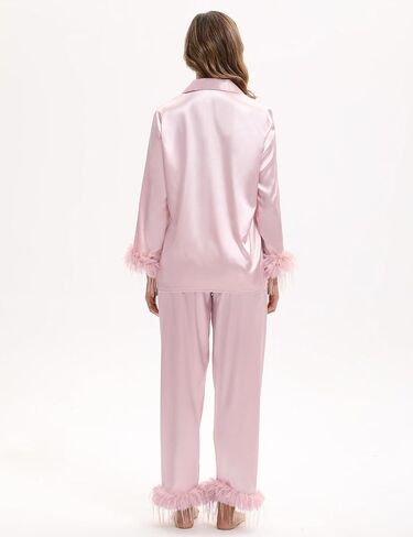MORFORU Satin Pajama Set for Women Feather Trim Long Sleeve Pjs with Sleep Mask Headband Scrunchie Sleepwear Lounge Set in Saudi Arabia