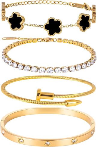 18K Gold Plated Nail love Bangle Bracelet Set for Women Stackable Gold Clover Adjustable tennis bracelet Trendy Gift Jewelry for Anniversary in Saudi Arabia