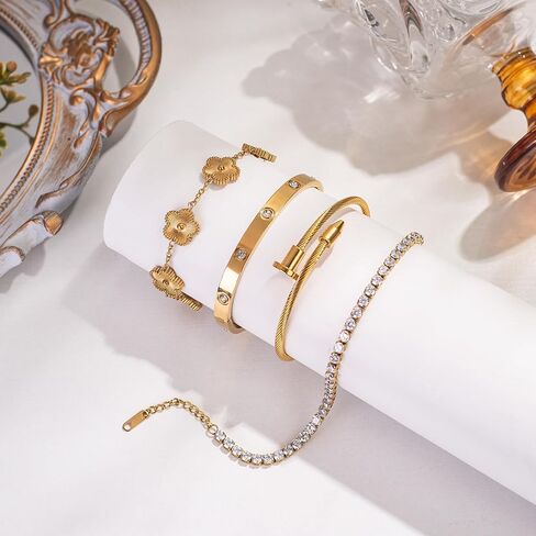 سوار مسمار الحب المطلي بالذهب 18K للنساء للنساء القابل للتكديس البرسيم القابل للتعديل سوار تنس قابلة للتعديل المجوهرات العصرية للذكرى in Saudi Arabia