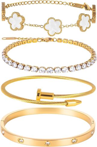 18K Gold Plated Nail love Bangle Bracelet Set for Women Stackable Gold Clover Adjustable tennis bracelet Trendy Gift Jewelry for Anniversary in Saudi Arabia
