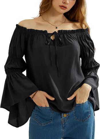 Scarlet Darkness Women Renaissance Shirt Off Shoulder Bell Sleeve Ruffle Casual Loose Peasant Tops in Saudi Arabia