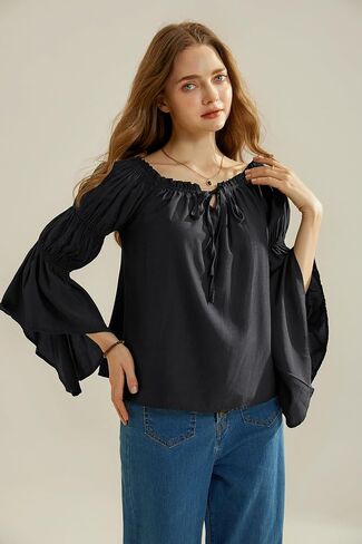 Scarlet Darkness Women Renaissance Shirt Off Shoulder Bell Sleeve Ruffle Casual Loose Peasant Tops in Saudi Arabia