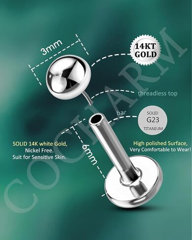 Cocharm 14k أبيض الذهب -تيتانيوم ما بعد Tragus Helix Cartilage Conch Percing Jewelry - Back Flat Back 16g ، Titanium Post Tragus Cartilage Enring Stud ، Push Pin Lip Labret Stud 8mm ، 6mm ، 10mm ، 10mm in Saudi Arabia