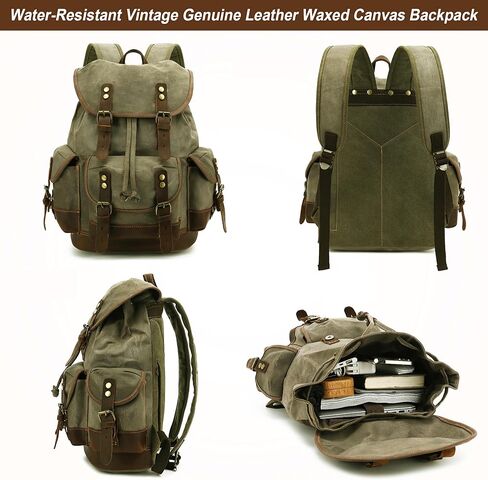 حقيبة ظهر جلدية من Huachen Vintage Canvas: حقيبة حديدية واسعة للرجال والنساء ، مثالية للسفر والحياة الجامعية - M86 Army Green Coffee in Kuwait