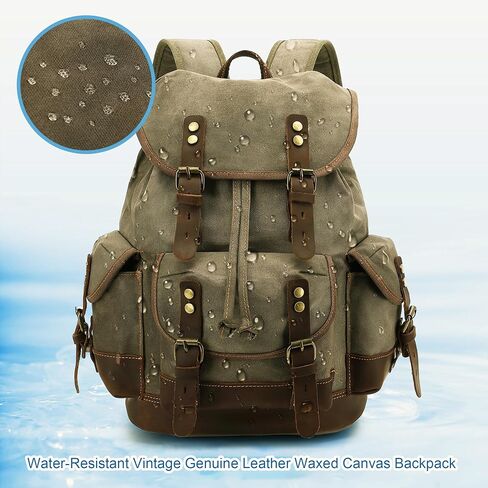 حقيبة ظهر جلدية من Huachen Vintage Canvas: حقيبة حديدية واسعة للرجال والنساء ، مثالية للسفر والحياة الجامعية - M86 Army Green Coffee in Kuwait