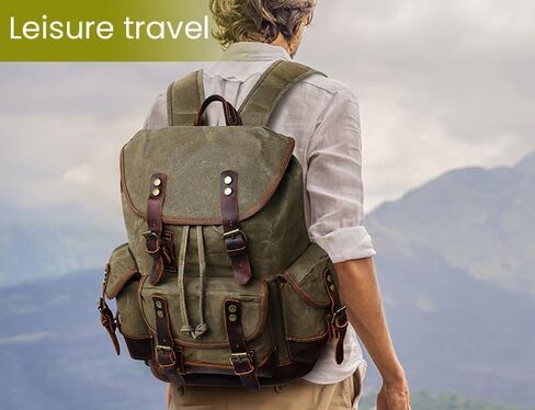 حقيبة ظهر جلدية من Huachen Vintage Canvas: حقيبة حديدية واسعة للرجال والنساء ، مثالية للسفر والحياة الجامعية - M86 Army Green Coffee in Kuwait