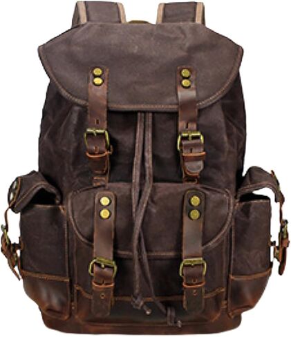 حقيبة ظهر جلدية من Huachen Vintage Canvas: حقيبة حديدية واسعة للرجال والنساء ، مثالية للسفر والحياة الجامعية - M86 Army Green Coffee in Kuwait