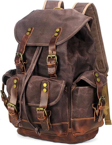 حقيبة ظهر جلدية من Huachen Vintage Canvas: حقيبة حديدية واسعة للرجال والنساء ، مثالية للسفر والحياة الجامعية - M86 Army Green Coffee in Kuwait
