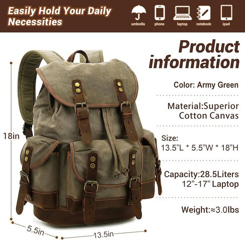 حقيبة ظهر جلدية من Huachen Vintage Canvas: حقيبة حديدية واسعة للرجال والنساء ، مثالية للسفر والحياة الجامعية - M86 Army Green Coffee in Kuwait