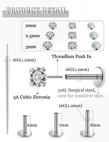 20G 18G 16G Threadless Flat Back Earrings Nose Rings Studs Surgical Stainless Steel Opal CZ Nose Rings Stud Tragus Helix Conch Cartilage Earrings Piercing Jewelry For Women Men Hypoallergenic in Saudi Arabia