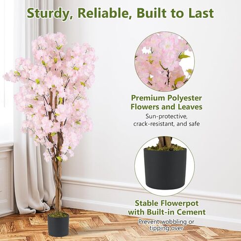 GOPLUS 5ft شجرة أزهار الكرز الاصطناعية ، 2 عبوة شجرة زهرة مزيفة الوردي ، نبات الزهور المزهر شجرة في وعاء الحضانة ، الشجرة الاصطناعية الطويلة لزخرفة شرفة المكتب المنزلي الداخلي in Kuwait