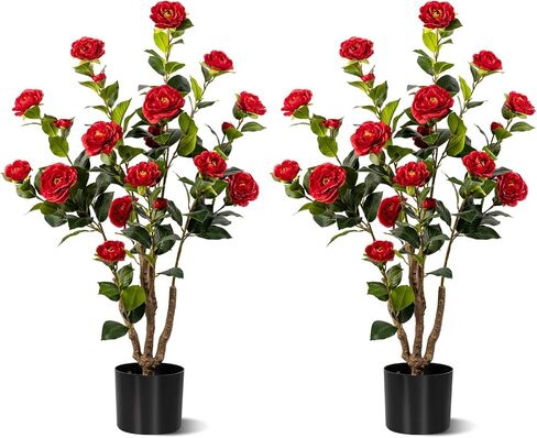 Artificial Camellia Tree 2 Pack, Artificial Plants Outdoor Faux Floral Plant in Cement Pot Fake White Silk Camellia Tree Plants for Home House Living Room Office Decor (White) in Saudi Arabia