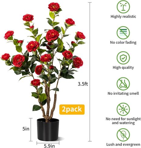 Artificial Camellia Tree 2 Pack, Artificial Plants Outdoor Faux Floral Plant in Cement Pot Fake White Silk Camellia Tree Plants for Home House Living Room Office Decor (White) in Saudi Arabia
