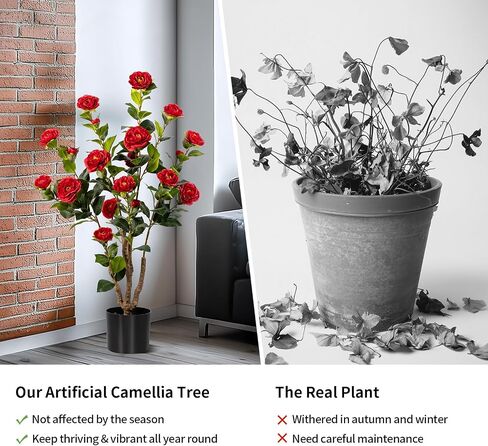 Artificial Camellia Tree 2 Pack, Artificial Plants Outdoor Faux Floral Plant in Cement Pot Fake White Silk Camellia Tree Plants for Home House Living Room Office Decor (White) in Saudi Arabia