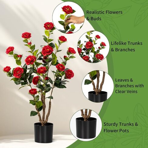 Artificial Camellia Tree 2 Pack, Artificial Plants Outdoor Faux Floral Plant in Cement Pot Fake White Silk Camellia Tree Plants for Home House Living Room Office Decor (White) in Saudi Arabia