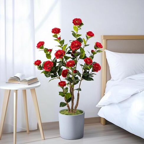 Artificial Camellia Tree 2 Pack, Artificial Plants Outdoor Faux Floral Plant in Cement Pot Fake White Silk Camellia Tree Plants for Home House Living Room Office Decor (White) in Saudi Arabia