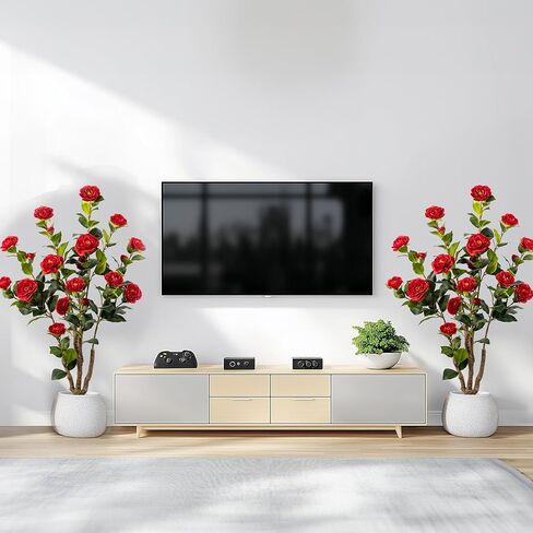 Artificial Camellia Tree 2 Pack, Artificial Plants Outdoor Faux Floral Plant in Cement Pot Fake White Silk Camellia Tree Plants for Home House Living Room Office Decor (White) in Saudi Arabia