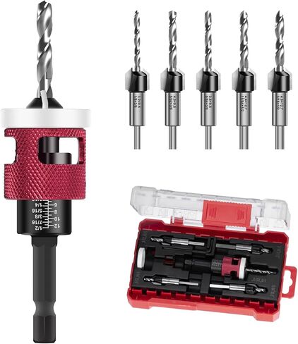 5Pcs Countersink Drill Bits Set with Low Friction Depth Stop, with 10Pcs Extra Replacement HSS Drill Bit, Adjustable Depth Stop for Wood, Plastic, Woodworking, 1/4" Quick Change Hex Shank in Kuwait