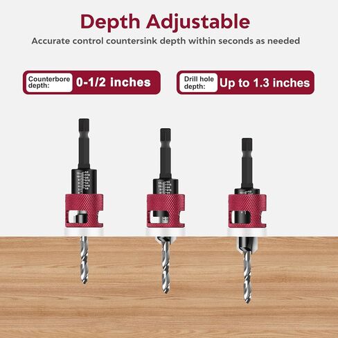 5Pcs Countersink Drill Bits Set with Low Friction Depth Stop, with 10Pcs Extra Replacement HSS Drill Bit, Adjustable Depth Stop for Wood, Plastic, Woodworking, 1/4" Quick Change Hex Shank in Kuwait