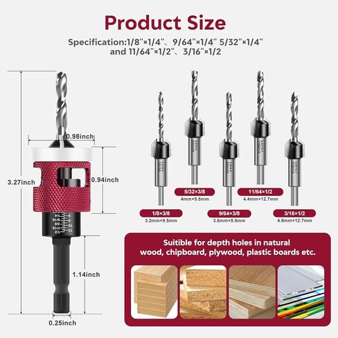 5Pcs Countersink Drill Bits Set with Low Friction Depth Stop, with 10Pcs Extra Replacement HSS Drill Bit, Adjustable Depth Stop for Wood, Plastic, Woodworking, 1/4" Quick Change Hex Shank in Kuwait