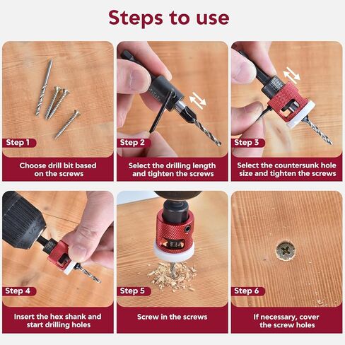 5Pcs Countersink Drill Bits Set with Low Friction Depth Stop, with 10Pcs Extra Replacement HSS Drill Bit, Adjustable Depth Stop for Wood, Plastic, Woodworking, 1/4" Quick Change Hex Shank in Kuwait