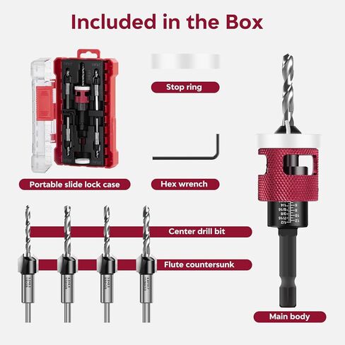 5Pcs Countersink Drill Bits Set with Low Friction Depth Stop, with 10Pcs Extra Replacement HSS Drill Bit, Adjustable Depth Stop for Wood, Plastic, Woodworking, 1/4" Quick Change Hex Shank in Kuwait