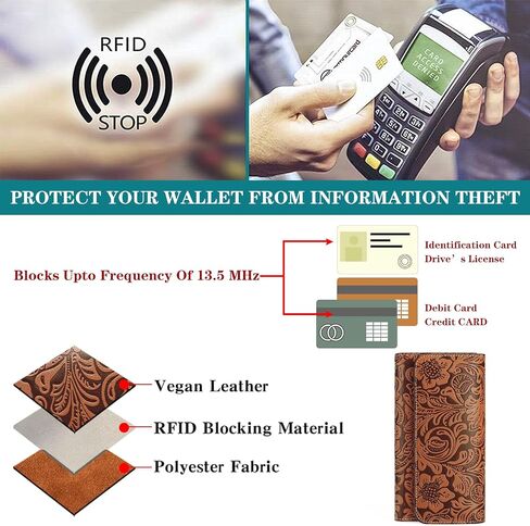 محفظة Goiacii Women's Rfid حجب Long Clutch Ladies Presh Vegen Leather Leather Groused Plower Brown in Kuwait