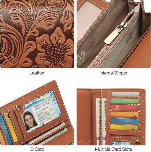 محفظة Goiacii Women's Rfid حجب Long Clutch Ladies Presh Vegen Leather Leather Groused Plower Brown in Kuwait