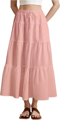 Women's Tiered Ruffle Hem Skirt Elastic Waist Flowy Maxi Beach Vacation Skirts in Saudi Arabia