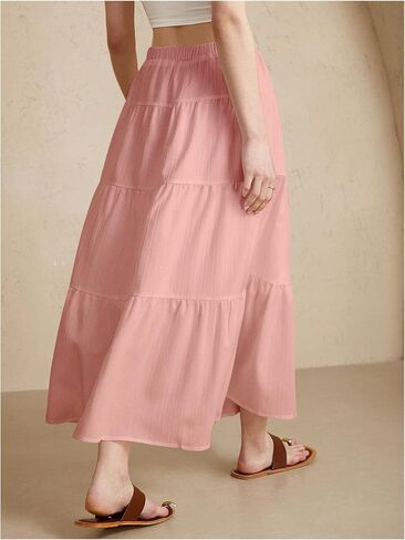 Women's Tiered Ruffle Hem Skirt Elastic Waist Flowy Maxi Beach Vacation Skirts in Saudi Arabia