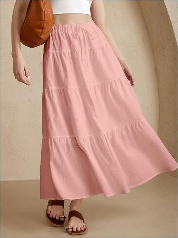 Women's Tiered Ruffle Hem Skirt Elastic Waist Flowy Maxi Beach Vacation Skirts in Saudi Arabia