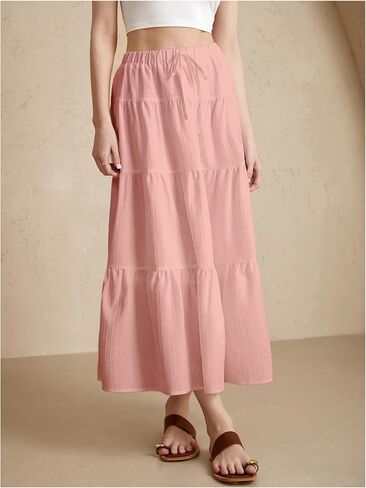 Women's Tiered Ruffle Hem Skirt Elastic Waist Flowy Maxi Beach Vacation Skirts in Saudi Arabia