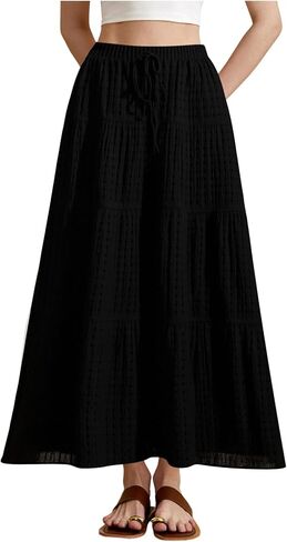 Women's Tiered Ruffle Hem Skirt Elastic Waist Flowy Maxi Beach Vacation Skirts in Saudi Arabia