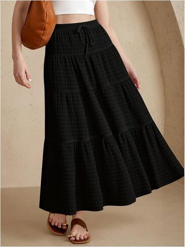 Women's Tiered Ruffle Hem Skirt Elastic Waist Flowy Maxi Beach Vacation Skirts in Saudi Arabia