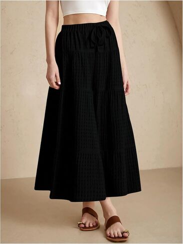 Women's Tiered Ruffle Hem Skirt Elastic Waist Flowy Maxi Beach Vacation Skirts in Saudi Arabia