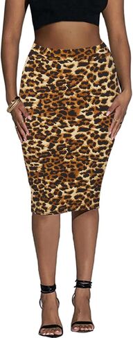 Women's Knee Length Pencil Skirt - High Waisted Leopard Cheetah Print Bodycon Summer Casual Tight Work Skirts in Saudi Arabia