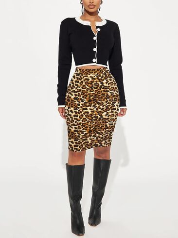 Women's Knee Length Pencil Skirt - High Waisted Leopard Cheetah Print Bodycon Summer Casual Tight Work Skirts in Saudi Arabia