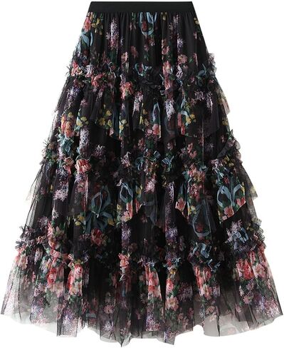 تول تول الزهور النسائية طبقات طرفية Flowy Fairy Midi Skirt High Weist Tutu A-Line Mashion Renaissance Skirt in Kuwait